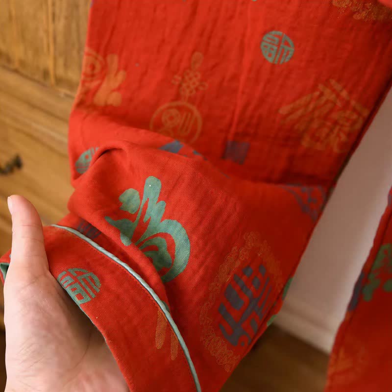 Chinesischer roter Baumwoll-Pyjama-Set mit Fu-Motiv - image 9