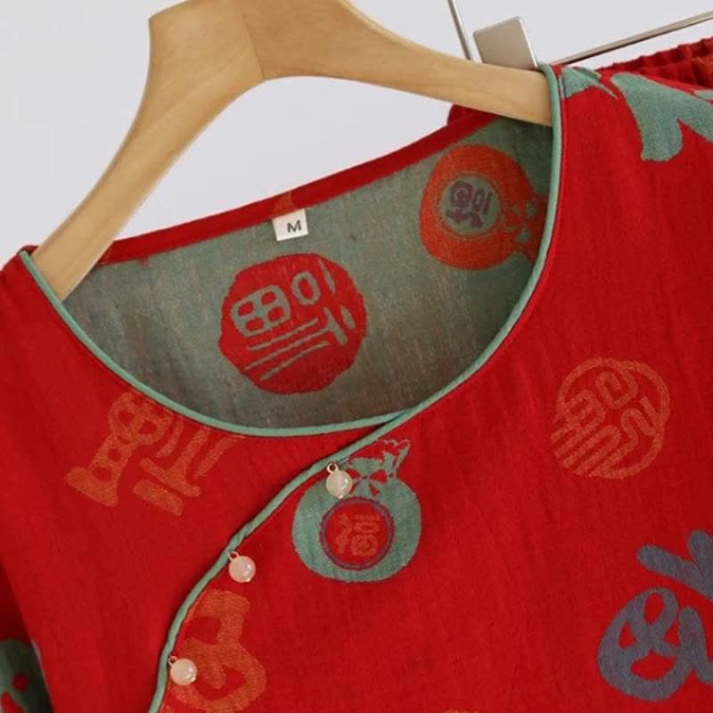 Festliches rotes Baumwollgaze-Pyjama-Set für Paare - image 3