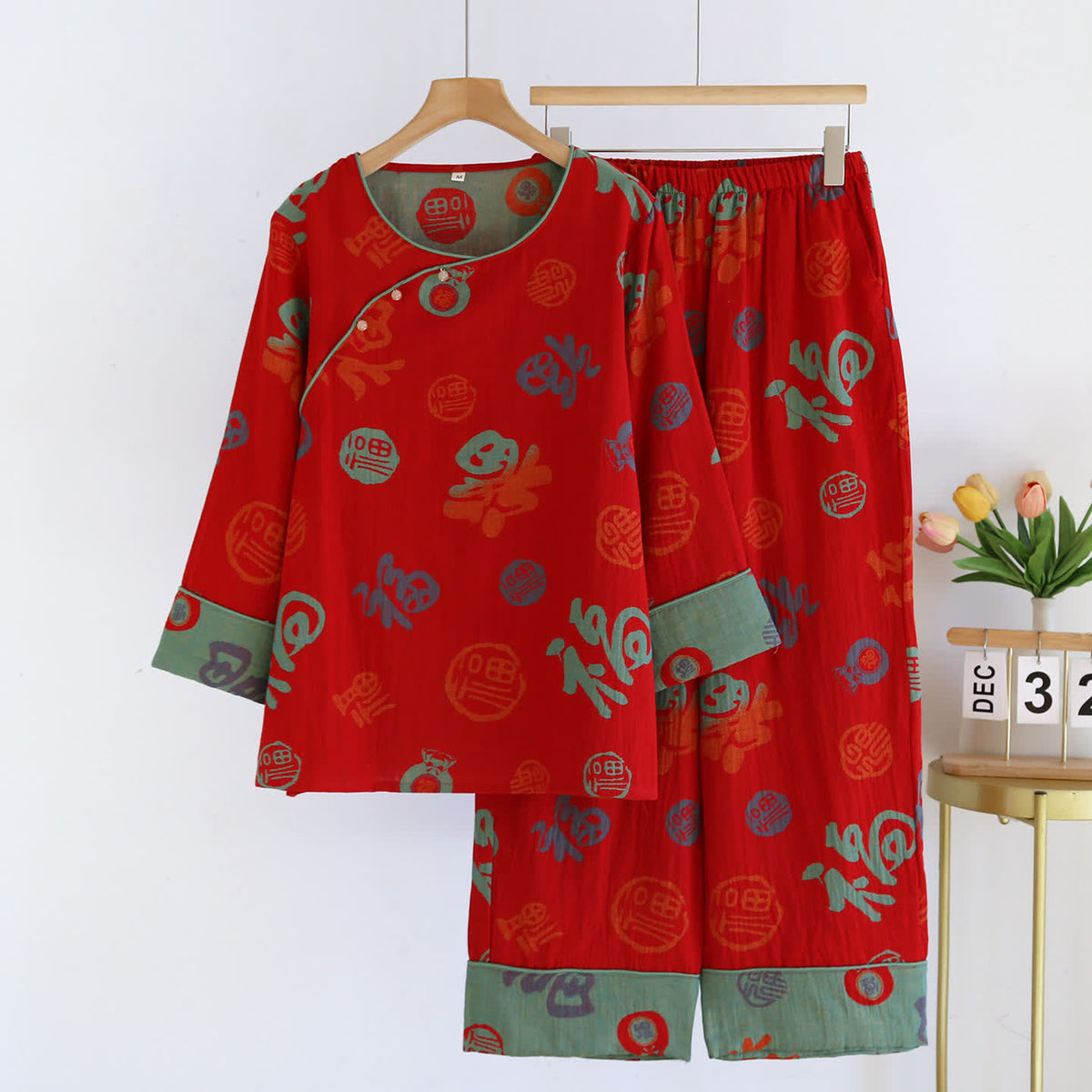 Festliches rotes Baumwollgaze-Pyjama-Set für Paare - Rot - Damen 2XL - image 2