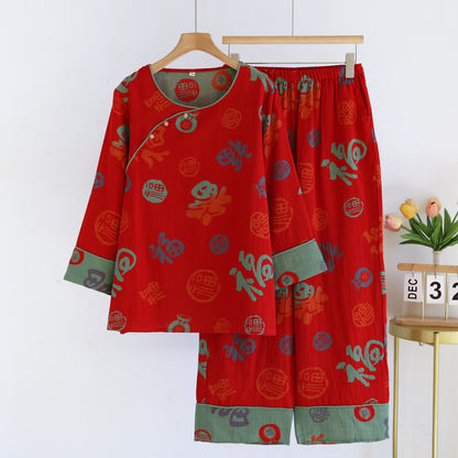 Festliches rotes Baumwollgaze-Pyjama-Set für Paare - Rot - Damen 2XL - image 2