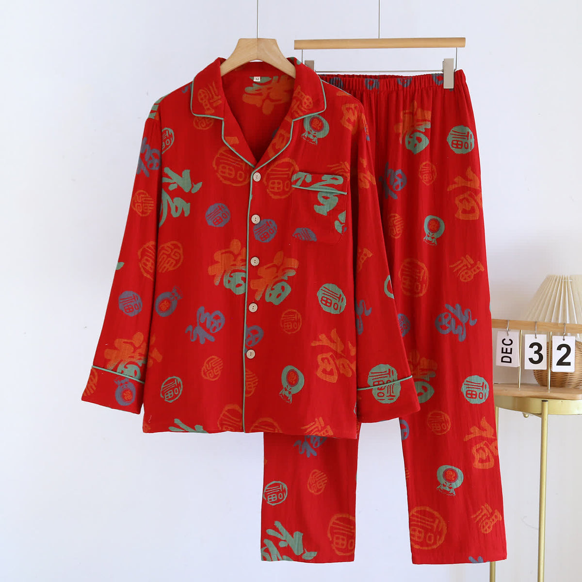 Festliches rotes Baumwollgaze-Pyjama-Set für Paare - Rot - Herren 2XL - image 13
