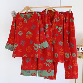 Festliches rotes Baumwollgaze-Pyjama-Set für Paare - image 0