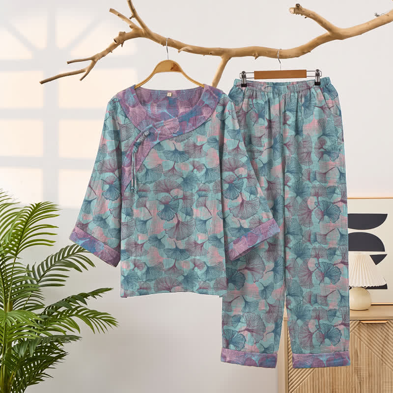 Pyjama-Set im chinesischen Stil mit Ginkgoblatt - Blau - XXL - image 0