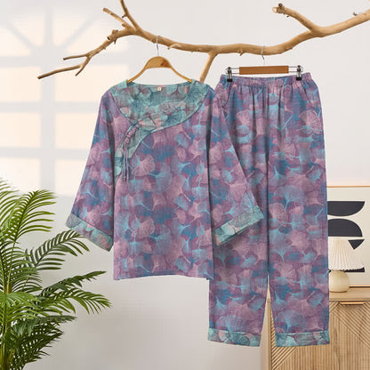 Pyjama-Set im chinesischen Stil mit Ginkgoblatt - Lila - XXL - image 6