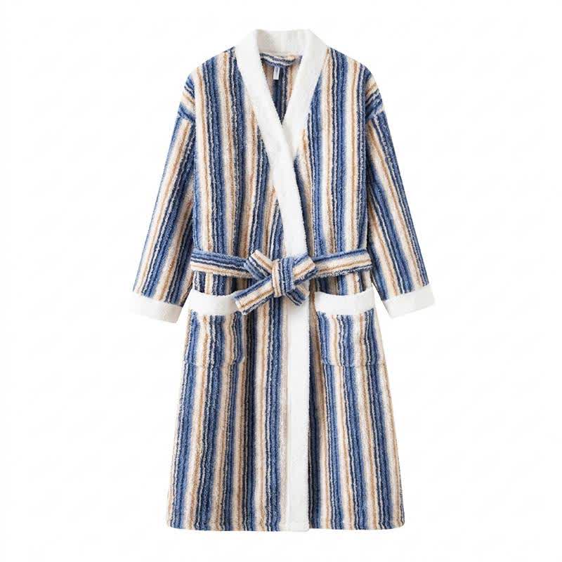 Langer, gestreifter Kimono-Bademantel aus Fleece - image 10