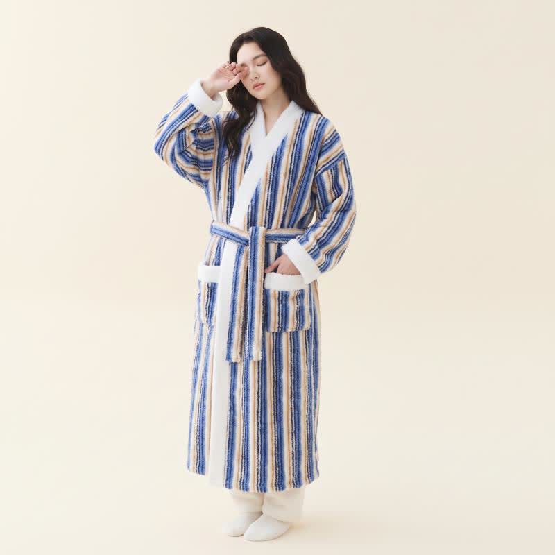 Langer, gestreifter Kimono-Bademantel aus Fleece - Marineblau - Damen XL - image 7