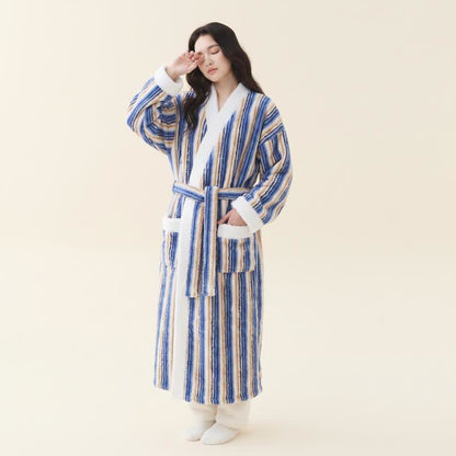 Langer, gestreifter Kimono-Bademantel aus Fleece - Marineblau - Damen XL - image 7