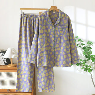 Schlafanzug-Set aus Baumwollgaze mit floraler Paspelierung - Lila - XXL - image 0
