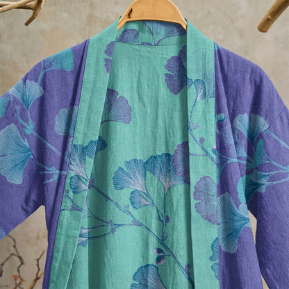 Kimono-Bademantel aus Baumwolle mit Ginkgoblatt-Motiv im Boho-Stil - image 2