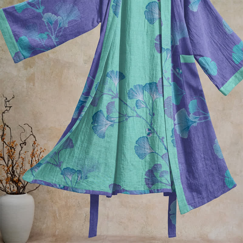 Kimono-Bademantel aus Baumwolle mit Ginkgoblatt-Motiv im Boho-Stil - image 3