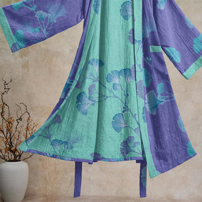 Kimono-Bademantel aus Baumwolle mit Ginkgoblatt-Motiv im Boho-Stil - image 3