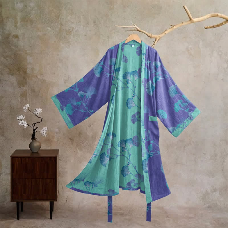 Kimono-Bademantel aus Baumwolle mit Ginkgoblatt-Motiv im Boho-Stil - Lila - XL - image 0