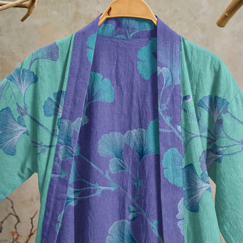 Kimono-Bademantel aus Baumwolle mit Ginkgoblatt-Motiv im Boho-Stil - image 7