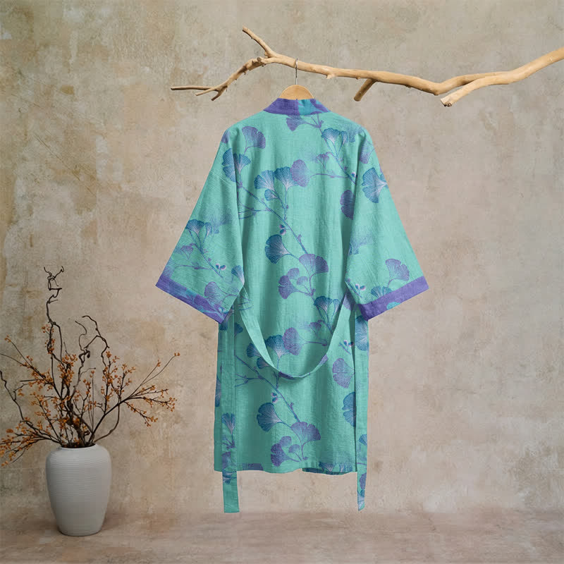 Kimono-Bademantel aus Baumwolle mit Ginkgoblatt-Motiv im Boho-Stil - image 6
