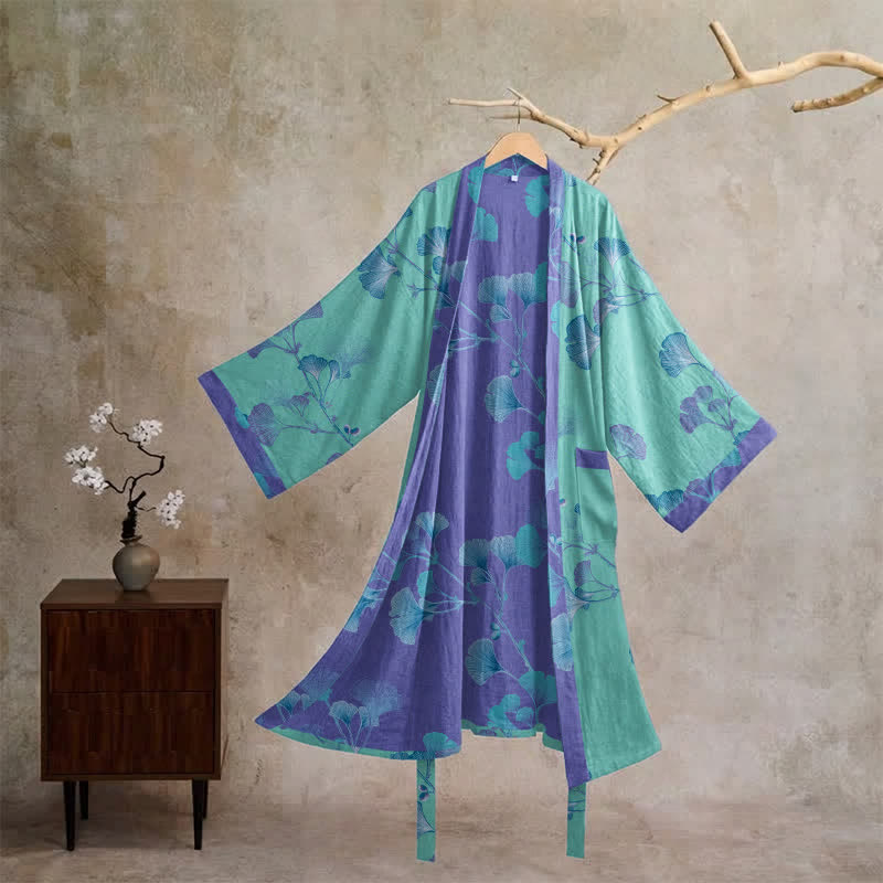 Kimono-Bademantel aus Baumwolle mit Ginkgoblatt-Motiv im Boho-Stil - Blau - XL - image 5