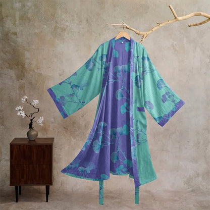 Kimono-Bademantel aus Baumwolle mit Ginkgoblatt-Motiv im Boho-Stil - Blau - XL - image 5