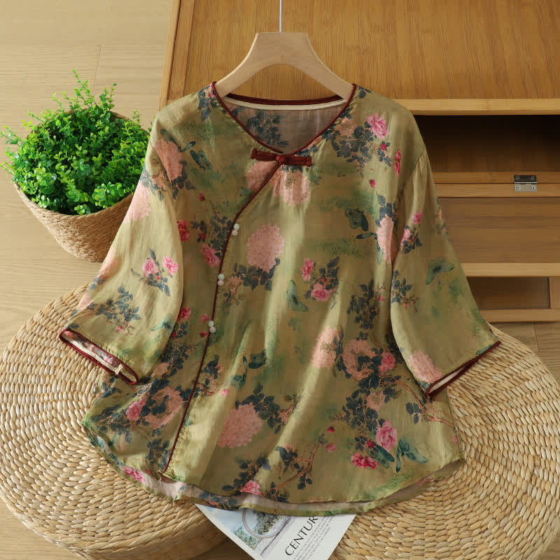 Vintage Lounge Top mit botanischem Froschknopfmuster - Olivgrün - 2XL - image 1