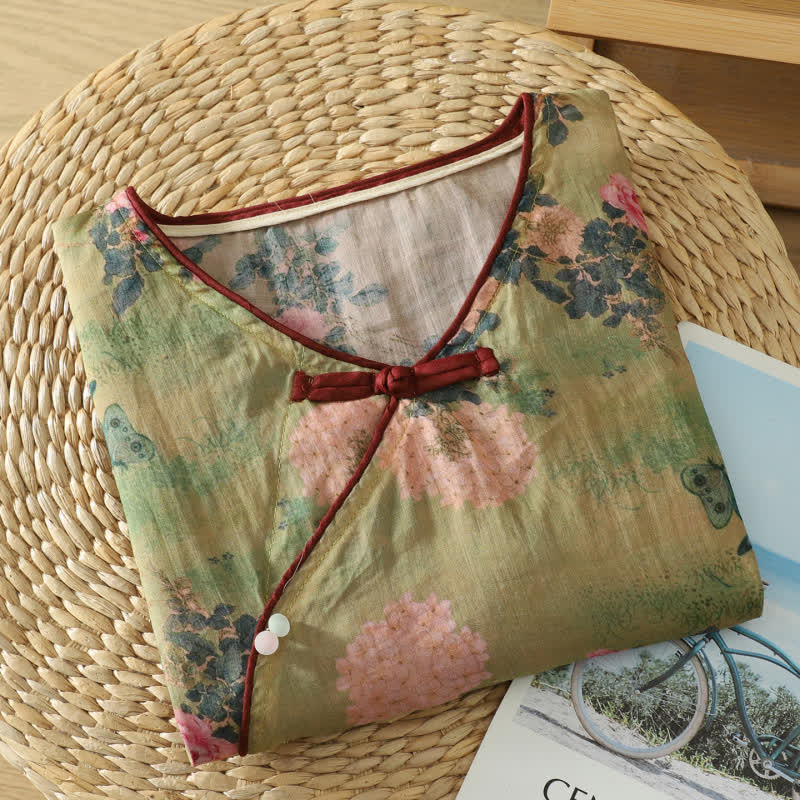 Vintage Lounge Top mit botanischem Froschknopfmuster - image 3