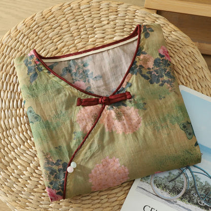 Vintage Lounge Top mit botanischem Froschknopfmuster - image 3