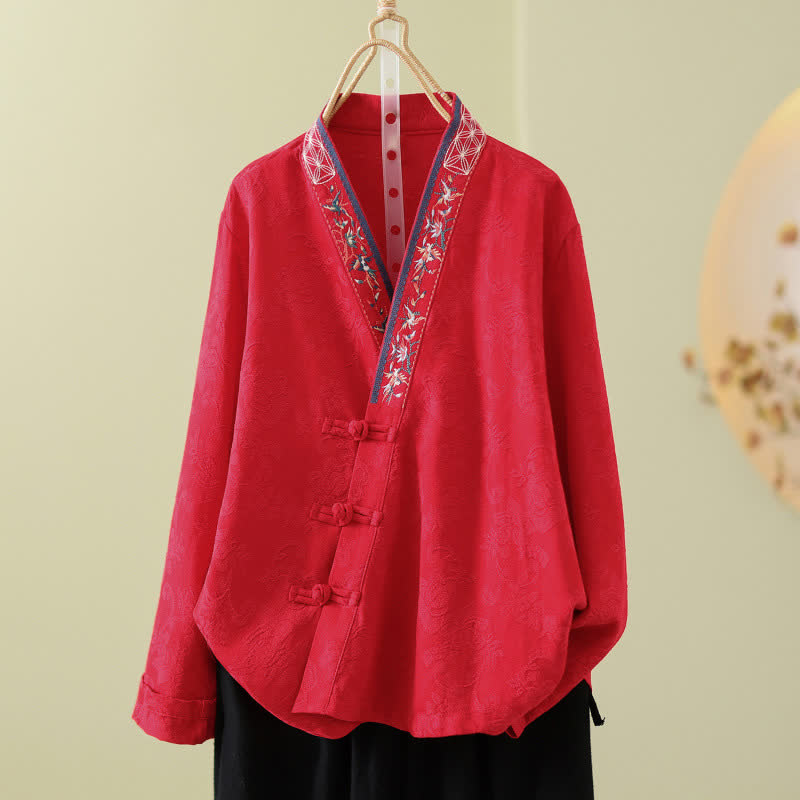 Vintage Lounge-Top aus Baumwoll-Leinen-Mischgewebe mit Froschknöpfen - Rot - 2XL - image 9