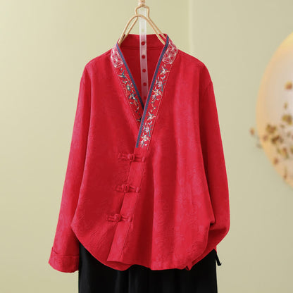 Vintage Lounge-Top aus Baumwoll-Leinen-Mischgewebe mit Froschknöpfen - Rot - 2XL - image 9