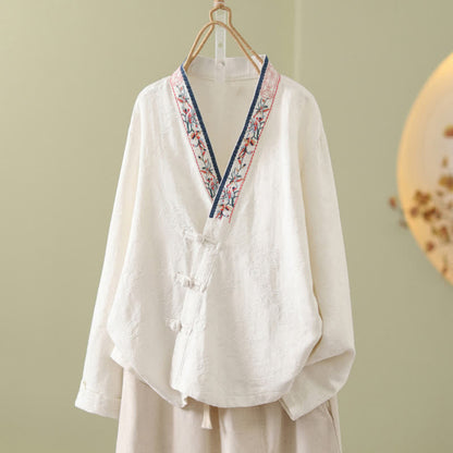 Vintage Lounge-Top aus Baumwoll-Leinen-Mischgewebe mit Froschknöpfen - Weiß - 2XL - image 21