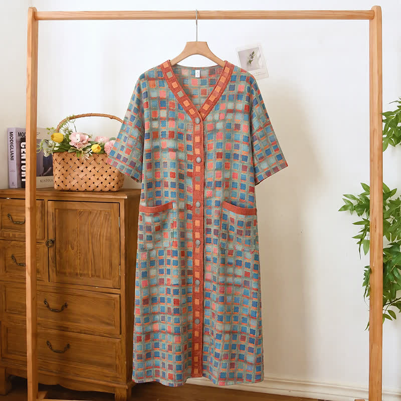 Nachthemd aus kariertem Baumwoll-Cardigan in Übergröße - Grün - 5XL - image 0