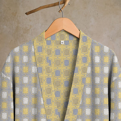 Kimono-Bademantel aus weicher, gelb-grau karierter Baumwolle - image 5