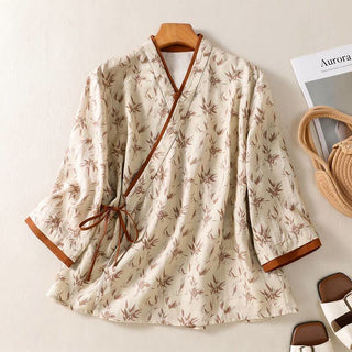 Lässiges Lounge-Hemd mit Blumenmuster und Wickeloptik - Beige - 2XL - image 0