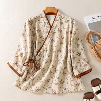 Lässiges Lounge-Hemd mit Blumenmuster und Wickeloptik - Beige - 2XL - image 0