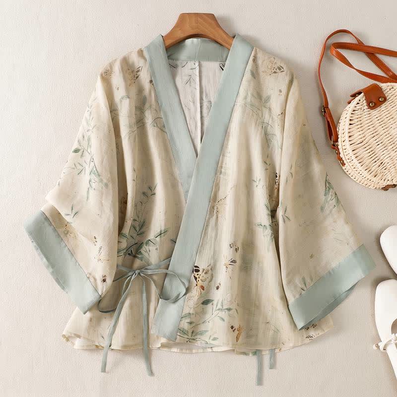 Kimono-Loungewear-Top mit Blumenmuster und Bindegürtel - Beige - 2XL - image 0