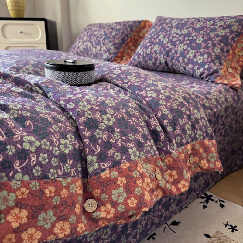 4-teiliges Bettwäscheset aus Baumwollleinen mit Vintage-Blumenmuster - König - image 0