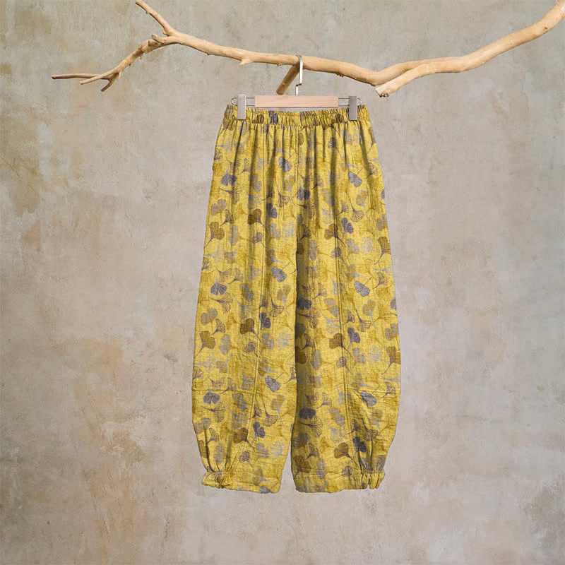 Retro-Loungewear-Hose aus Baumwolle mit Ginkgoblatt-Motiv - image 1