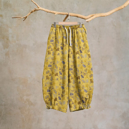 Retro-Loungewear-Hose aus Baumwolle mit Ginkgoblatt-Motiv - Gelb - XL - image 0