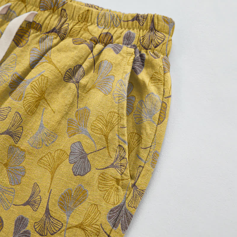 Retro-Loungewear-Hose aus Baumwolle mit Ginkgoblatt-Motiv - image 3