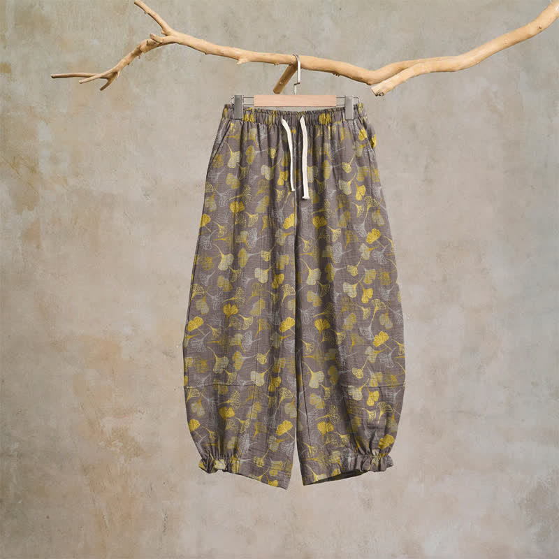Retro-Loungewear-Hose aus Baumwolle mit Ginkgoblatt-Motiv - Hellbraun - XL - image 18