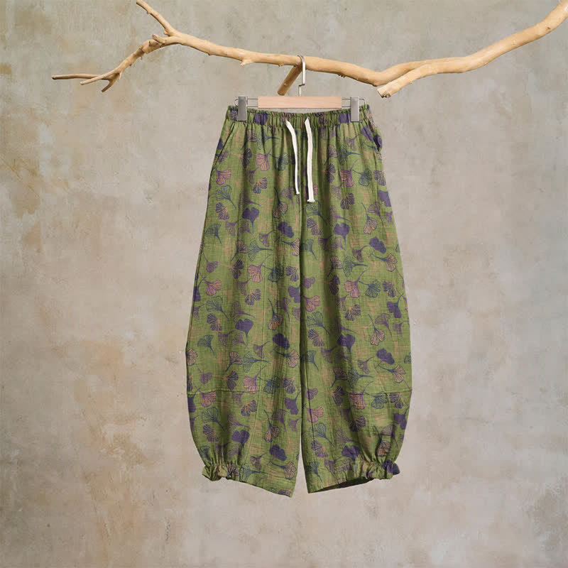 Retro-Loungewear-Hose aus Baumwolle mit Ginkgoblatt-Motiv - Grün - XL - image 6