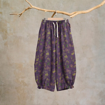 Retro-Loungewear-Hose aus Baumwolle mit Ginkgoblatt-Motiv - Lila - XL - image 12