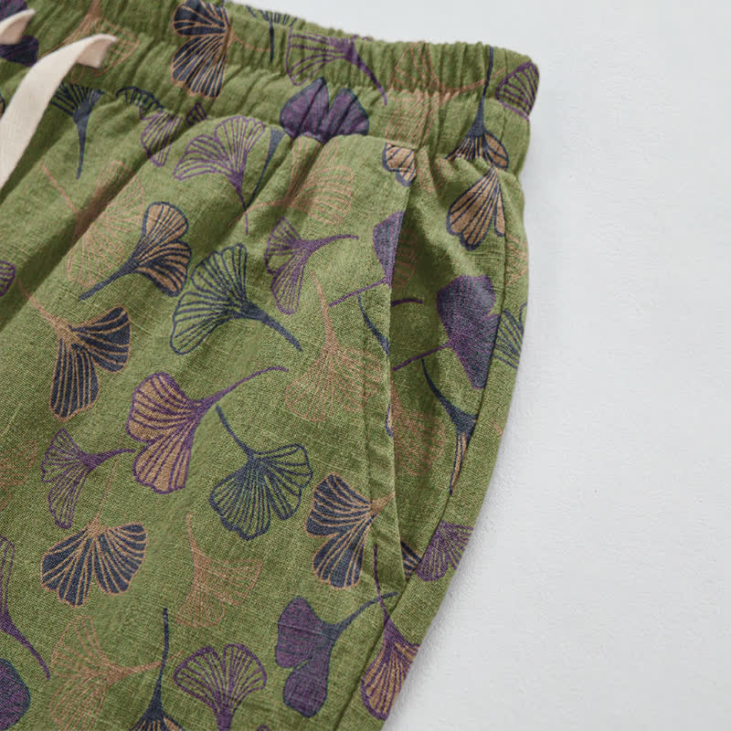 Retro-Loungewear-Hose aus Baumwolle mit Ginkgoblatt-Motiv - image 9
