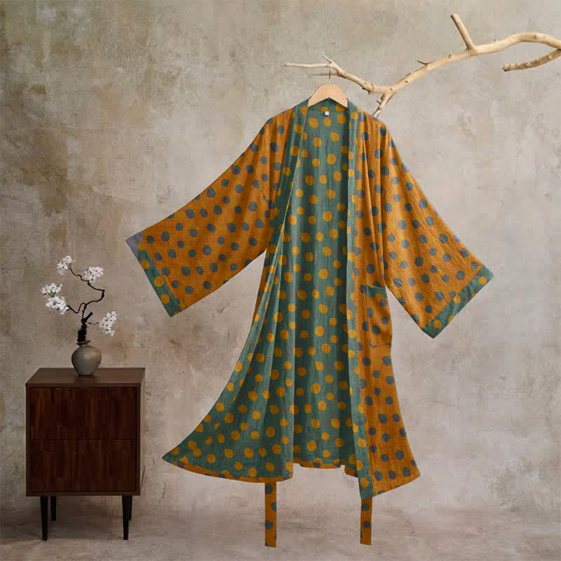 Vintage Kimono-Bademantel aus Baumwolle mit Polka-Dots - Gelb - XL - image 35