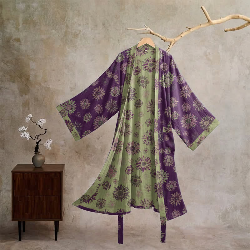 Vintage Kimono-Bademantel aus Baumwollgaze mit Sonnenblumenmuster - Lila - XL - image 0
