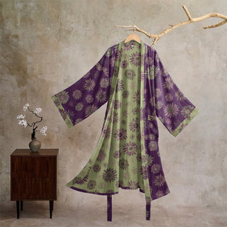 Vintage Kimono-Bademantel aus Baumwollgaze mit Sonnenblumenmuster - Lila - XL - image 0
