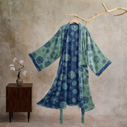 Vintage Kimono-Bademantel aus Baumwollgaze mit Sonnenblumenmuster - Grün & Blau - XL - image 15