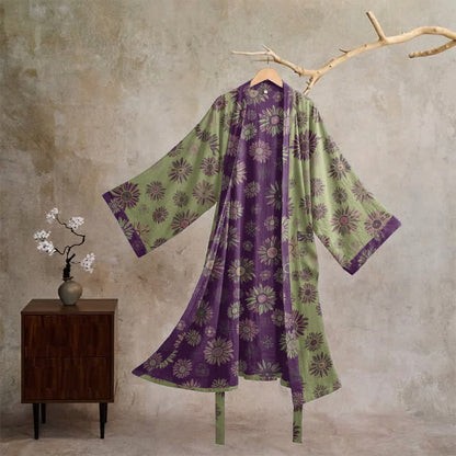 Vintage Kimono-Bademantel aus Baumwollgaze mit Sonnenblumenmuster - Grün & Lila - XL - image 5