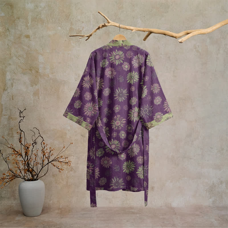Vintage Kimono-Bademantel aus Baumwollgaze mit Sonnenblumenmuster - image 1
