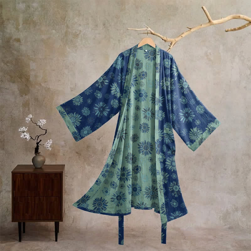 Vintage Kimono-Bademantel aus Baumwollgaze mit Sonnenblumenmuster - Blau - XL - image 10