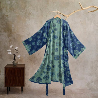 Vintage Kimono-Bademantel aus Baumwollgaze mit Sonnenblumenmuster - Blau - XL - image 10