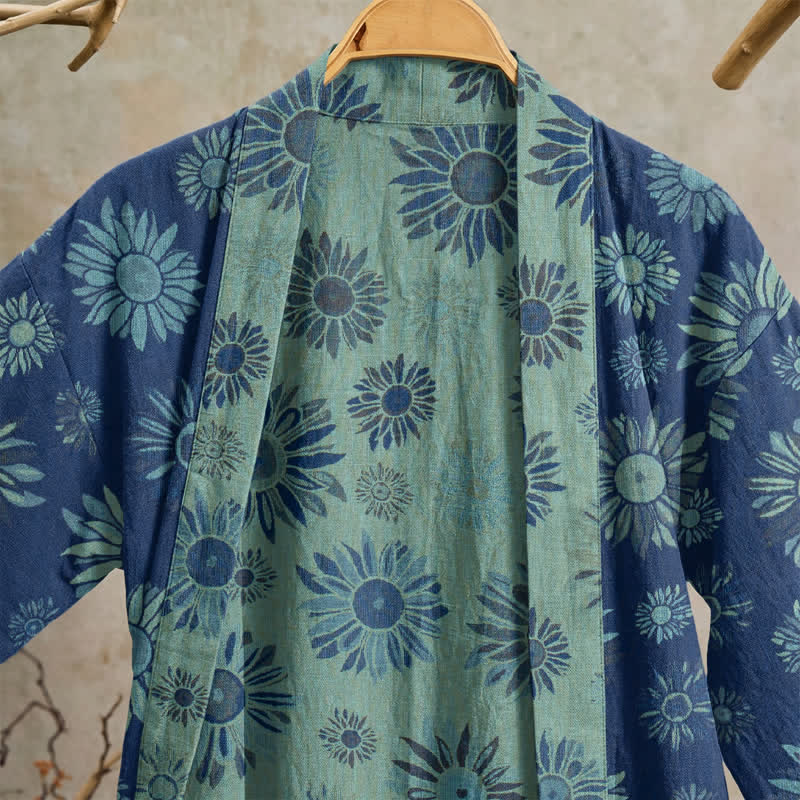 Vintage Kimono-Bademantel aus Baumwollgaze mit Sonnenblumenmuster - image 12
