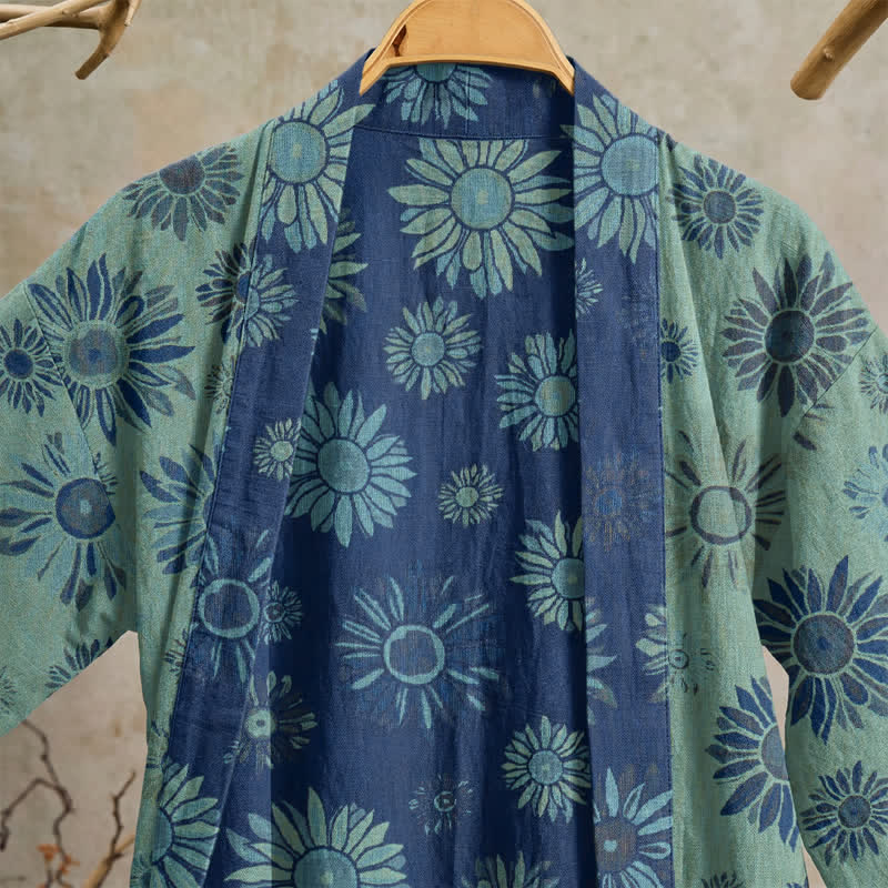 Vintage Kimono-Bademantel aus Baumwollgaze mit Sonnenblumenmuster - image 17