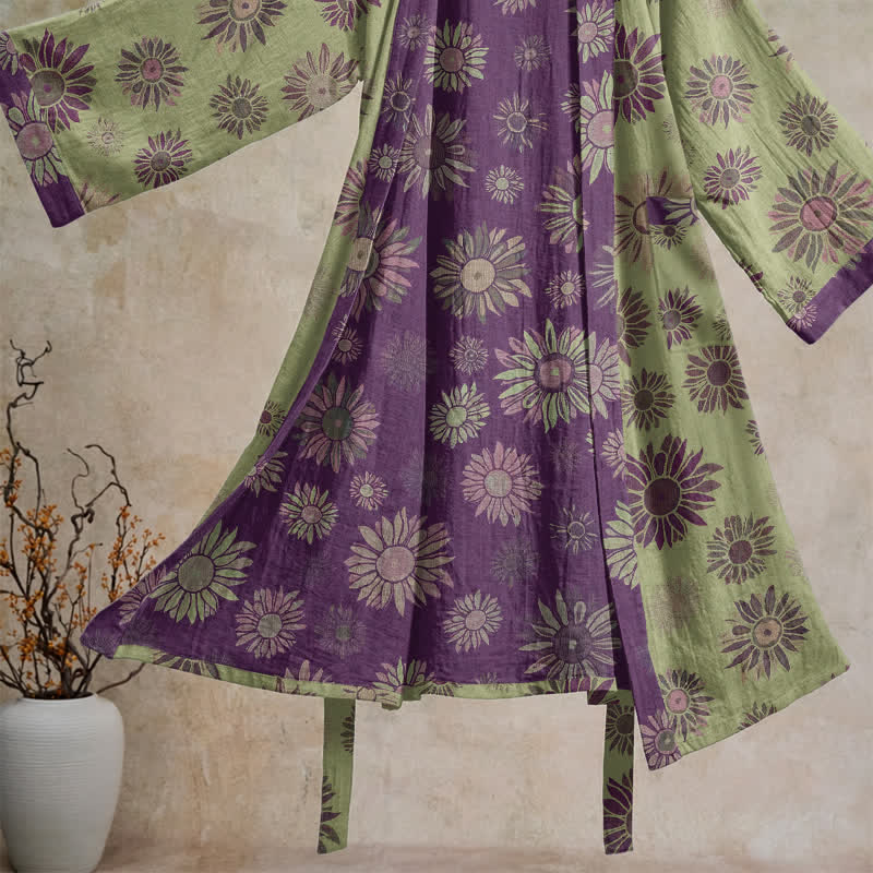 Vintage Kimono-Bademantel aus Baumwollgaze mit Sonnenblumenmuster - image 8